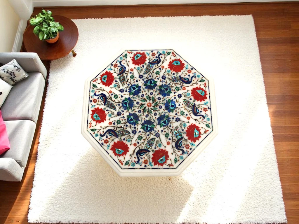 Round Marble Inlay Corner Table Handicraft Gemstone